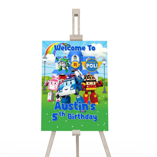 Robocar POLI welcome sign with large character illustration and bold welcome text