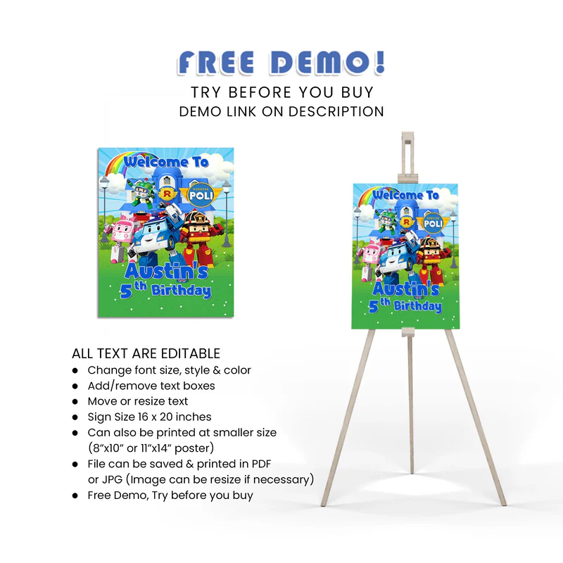 Robocar POLI Welcome Sign - Custom Party Entrance