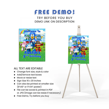 Robocar POLI Welcome Sign - Custom Party Entrance