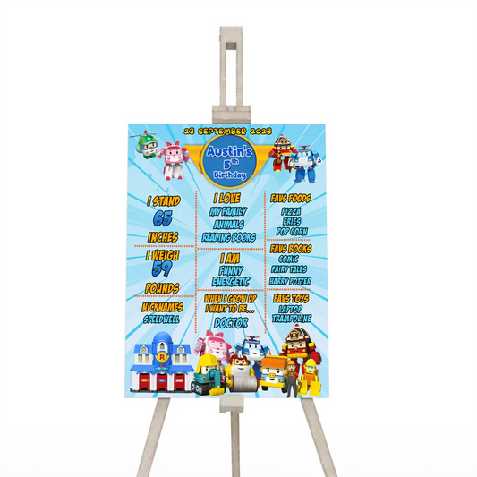 Robocar POLI milestone poster with colorful layout featuring age facts and fun themed graphics
