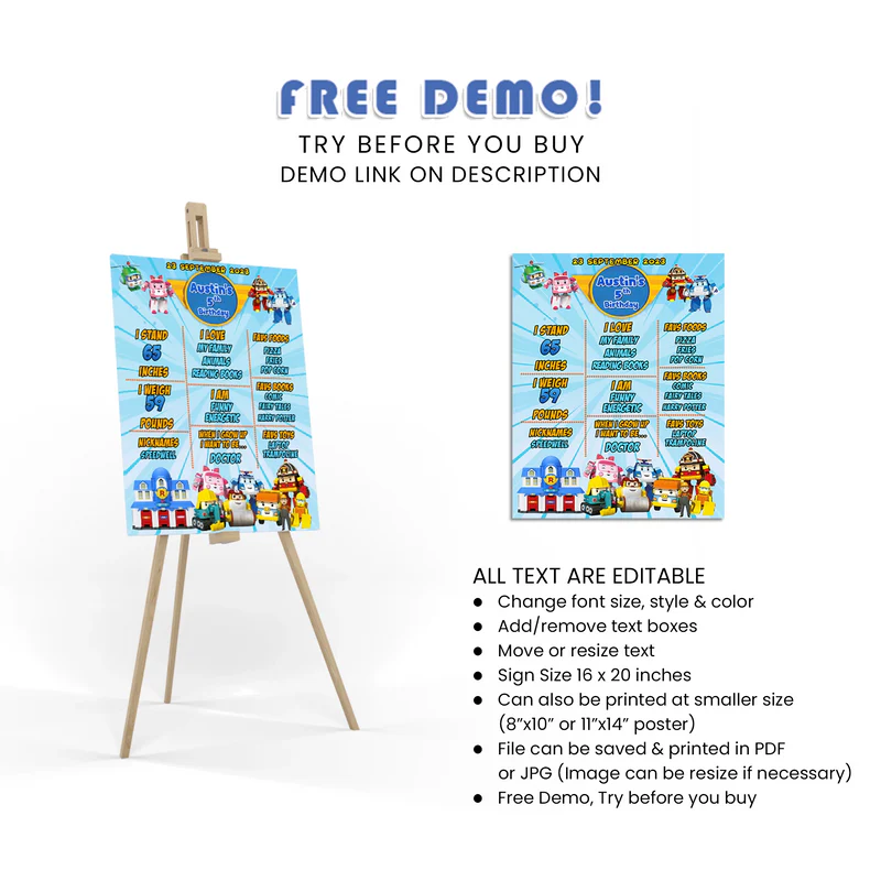 Robocar POLI Milestone Poster - Personalized Birthday Year Chart