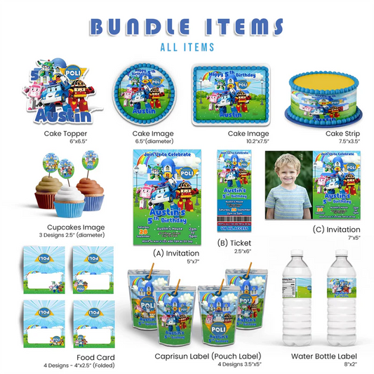 Robocar POLI party pack template bundle on white background with colorful printable designs