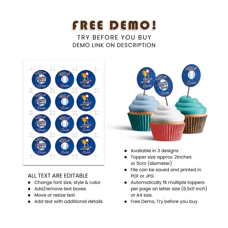 Rookie of the Year Cupcake Toppers | Editable Party Tags | Instant Download