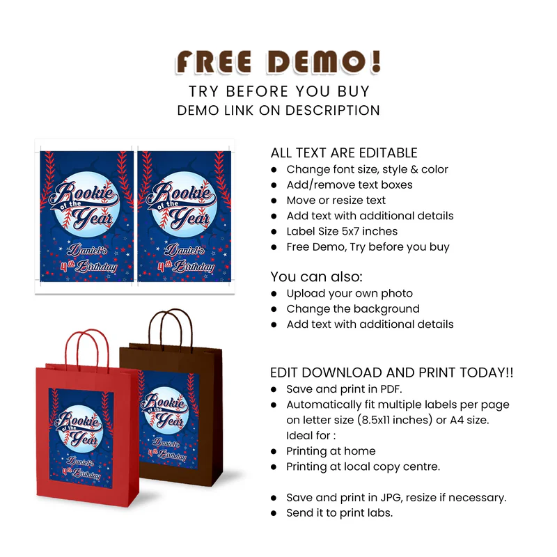 Rookie of the Year Goodie Bag Label | Printable Party Favor Tag | Editable Design