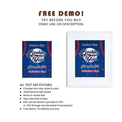 Rookie of the Year Custom Party Sign | Printable Welcome Decor | Editable Template