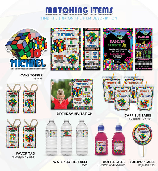 Rubik's Personalized Digital Template Party Pack with editable colorful puzzle-themed decorations