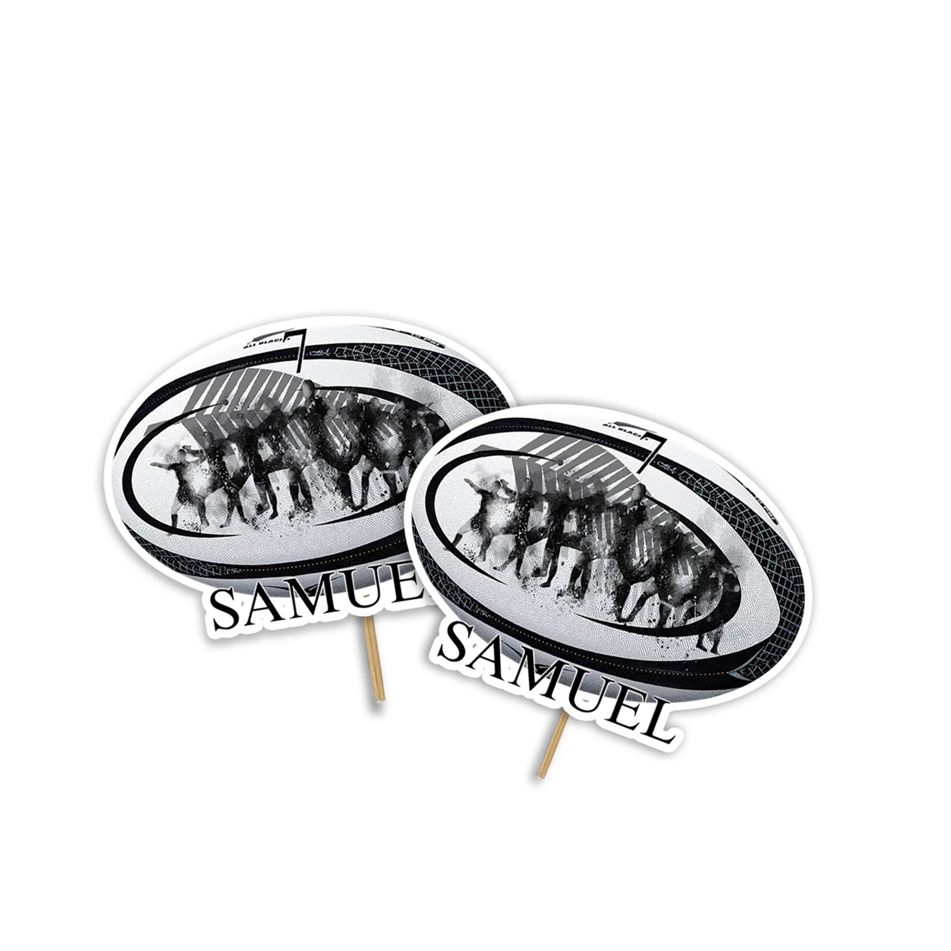 Rugby NZ Personalized Cake Toppers featuring custom designs and party details