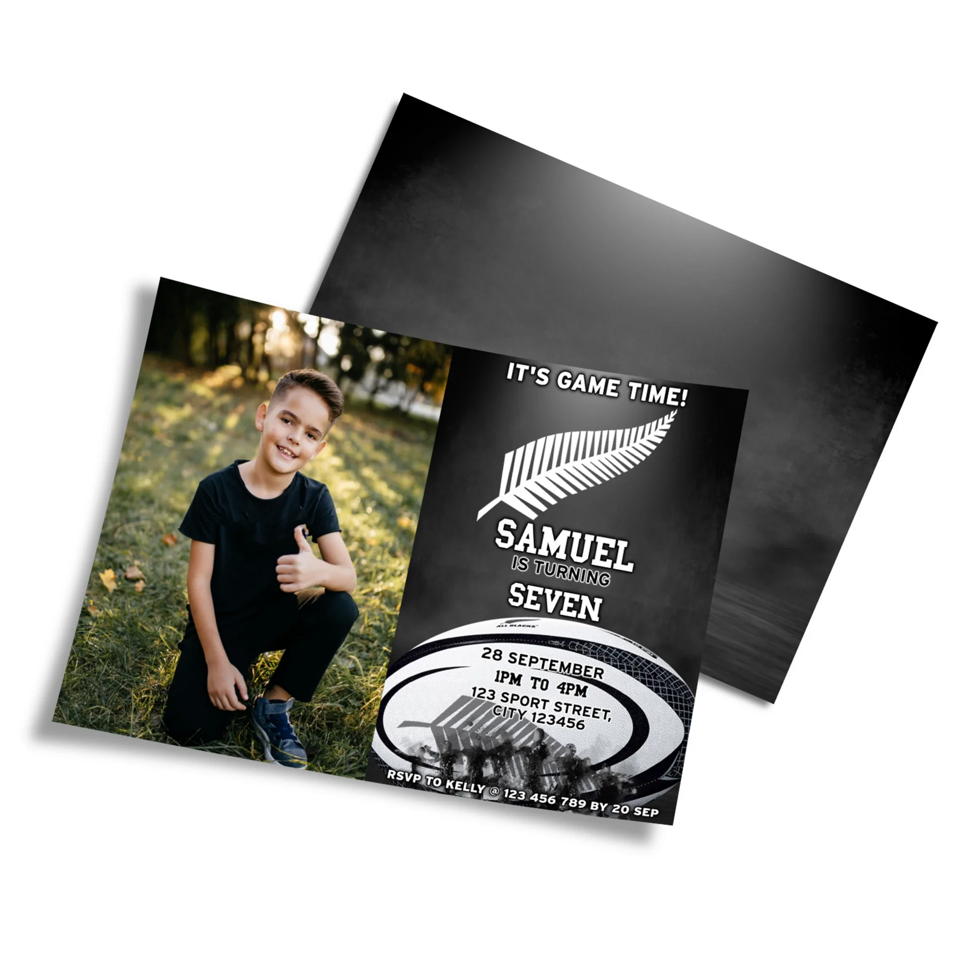 Rugby NZ Personalized Photo Card Invitations featuring custom photos and text