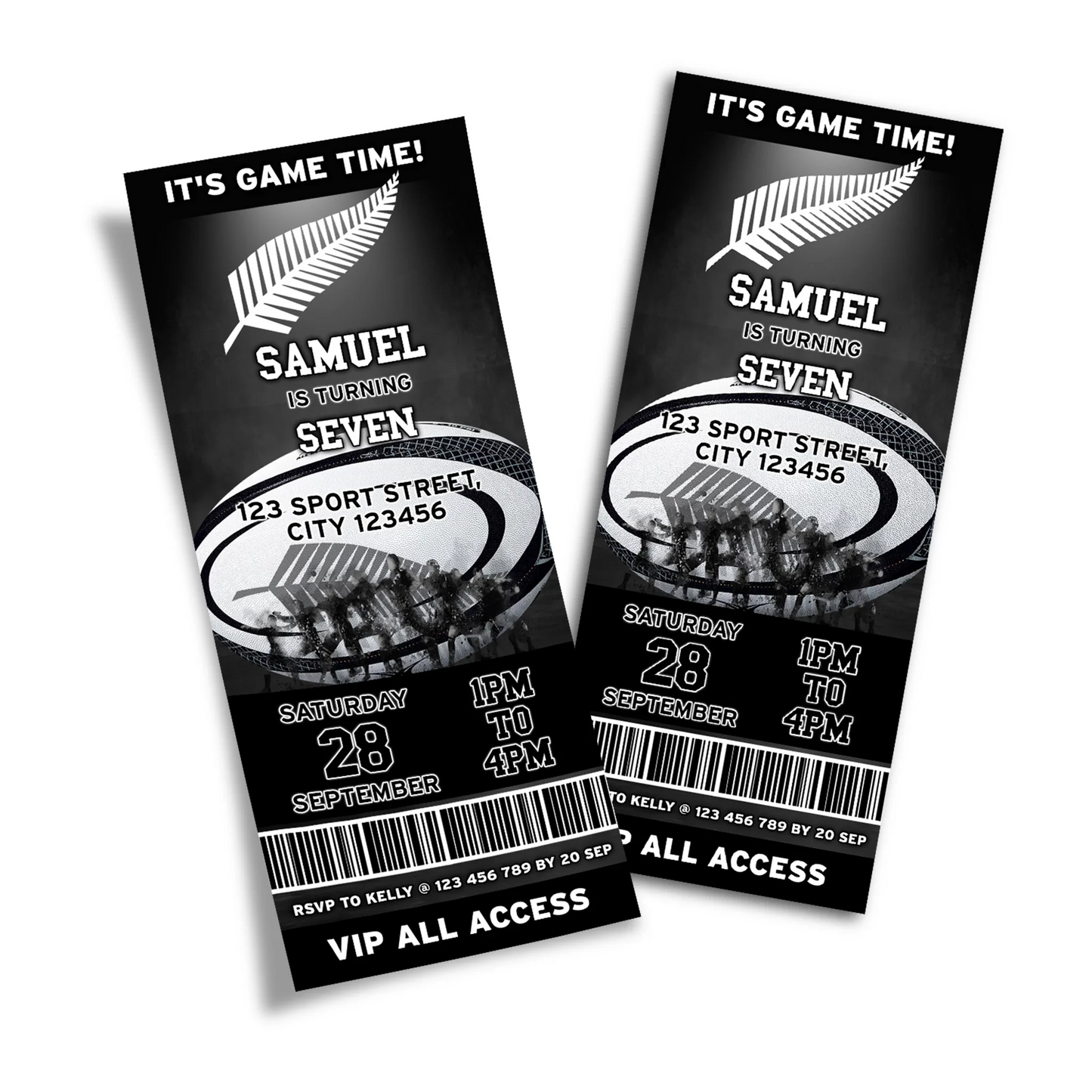 Rugby NZ Personalized Birthday Ticket Invitations styled for sports fans