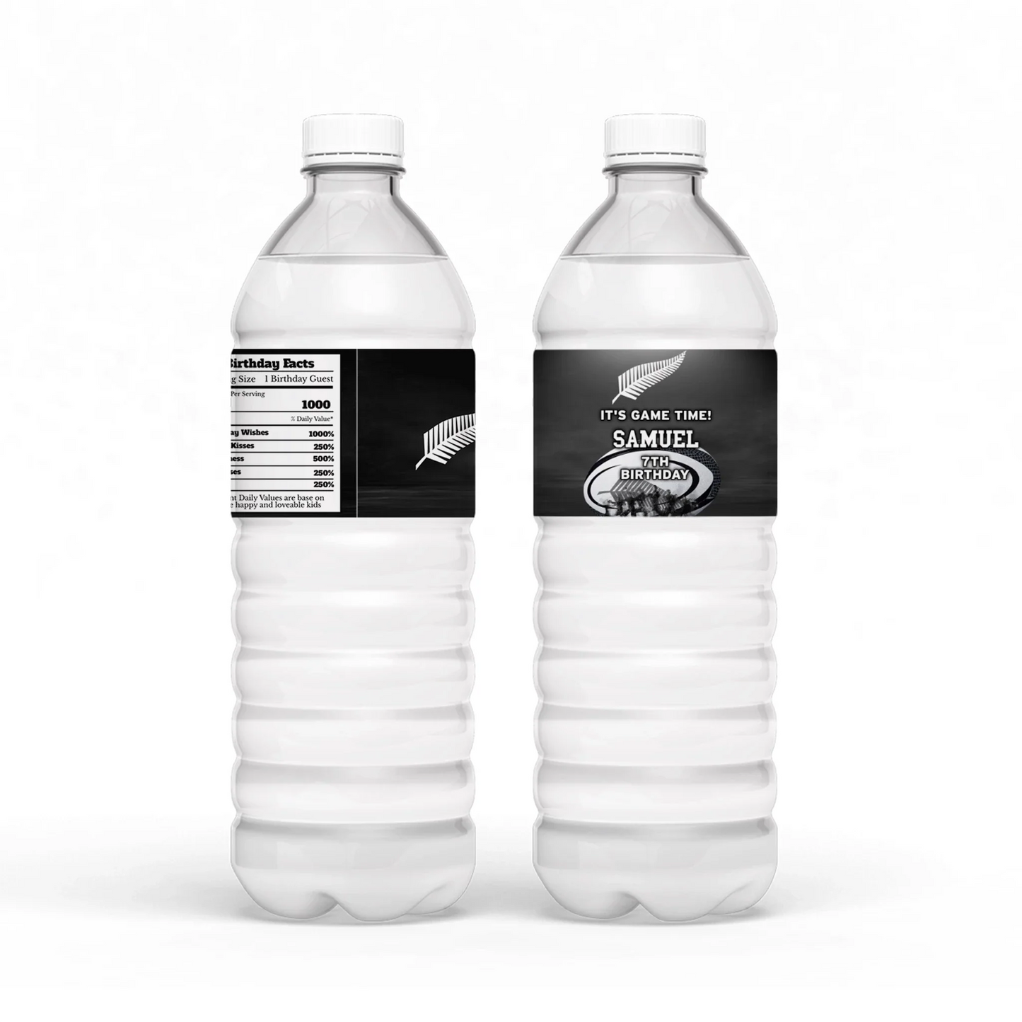 Rugby NZ Water Bottle Label with personalized rugby designs for parties