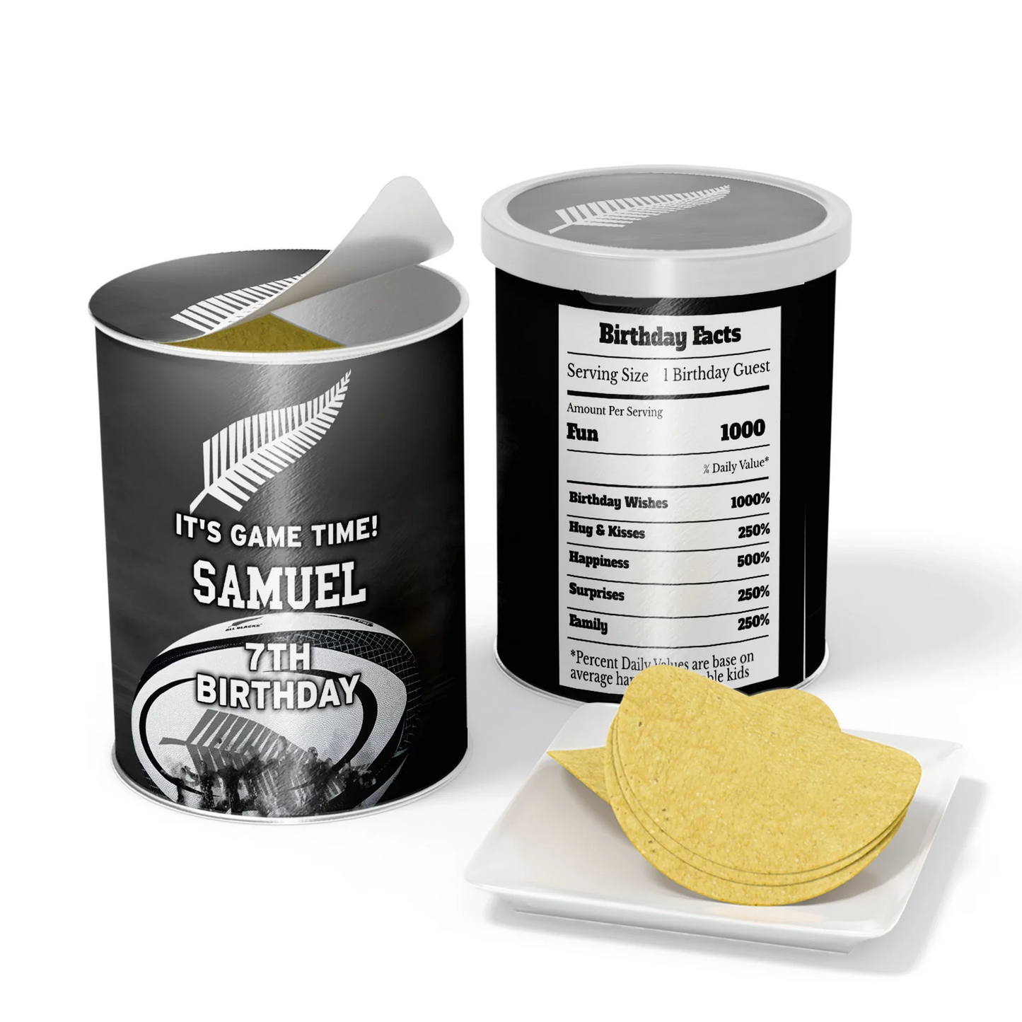 Rugby NZ Small Pringles Label with custom rugby designs for snacks