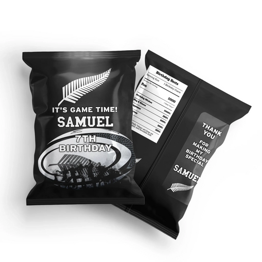 Rugby NZ Chips Bag Label for personalized rugby-themed party decor