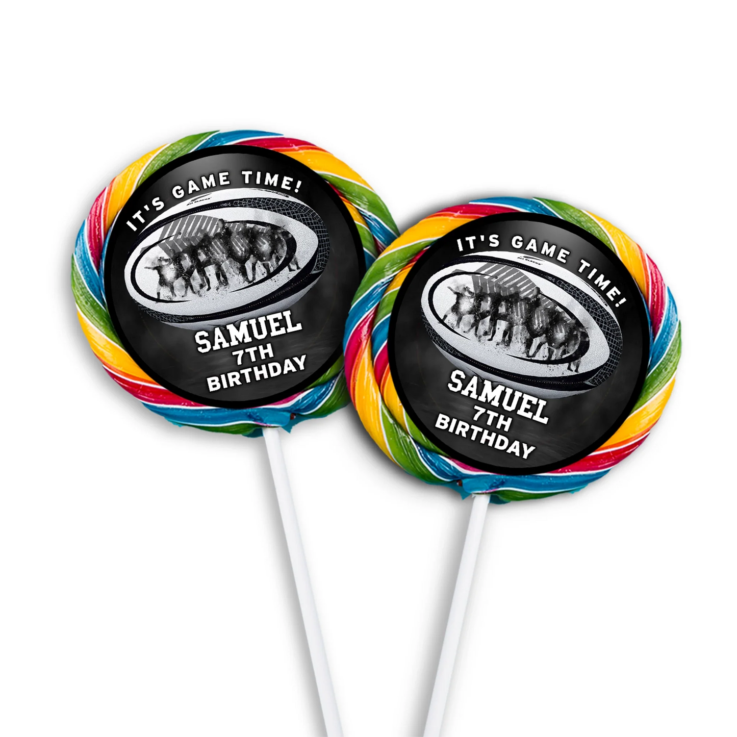 Rugby NZ Lollipop Label featuring personalized rugby-inspired designs