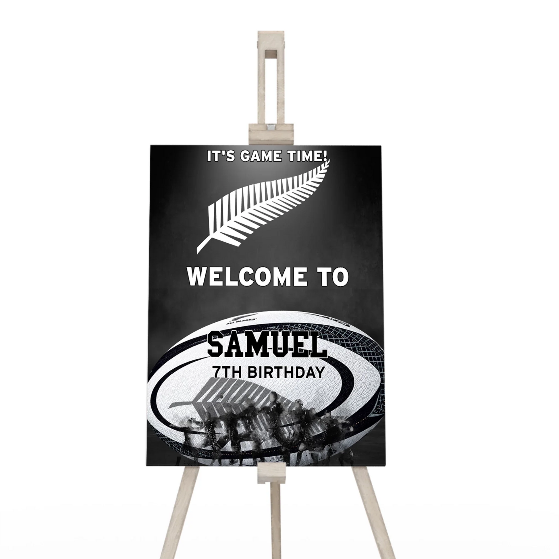 Rugby NZ Welcome Sign featuring custom rugby-themed greetings