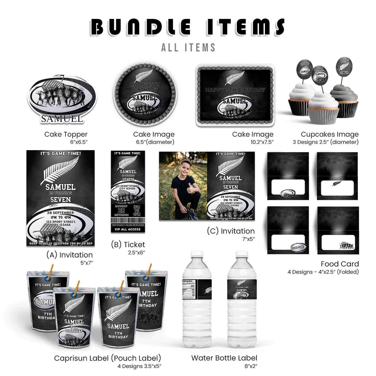 rugby nz personalized digital template party pack with editable decorations and invitations for birthday celebration