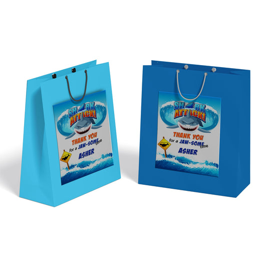 Shark goody bag labels for themed party giveaways