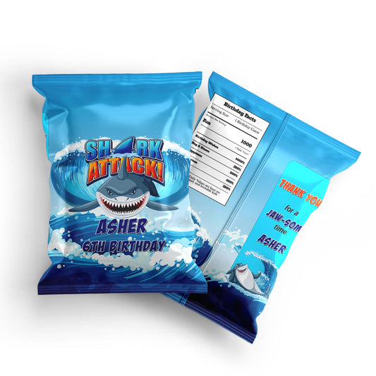 Personalized shark chips bag label for themed snacks