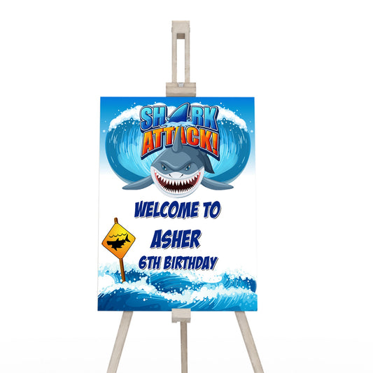 Welcome sign with shark theme for greeting party guests