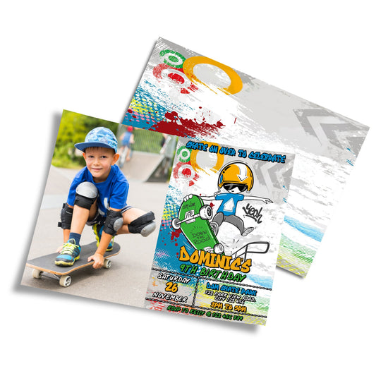 Personalized photo card invitations with skateboard theme