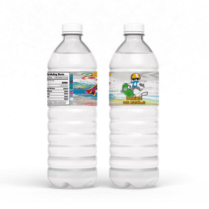 Water bottle label with skateboard design