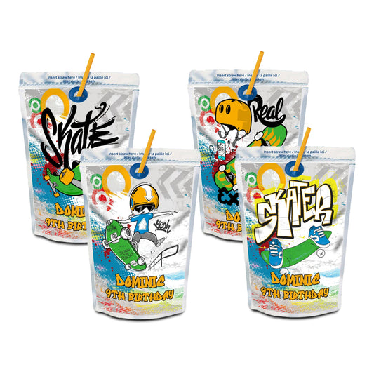 Juice pouch label featuring skateboard theme