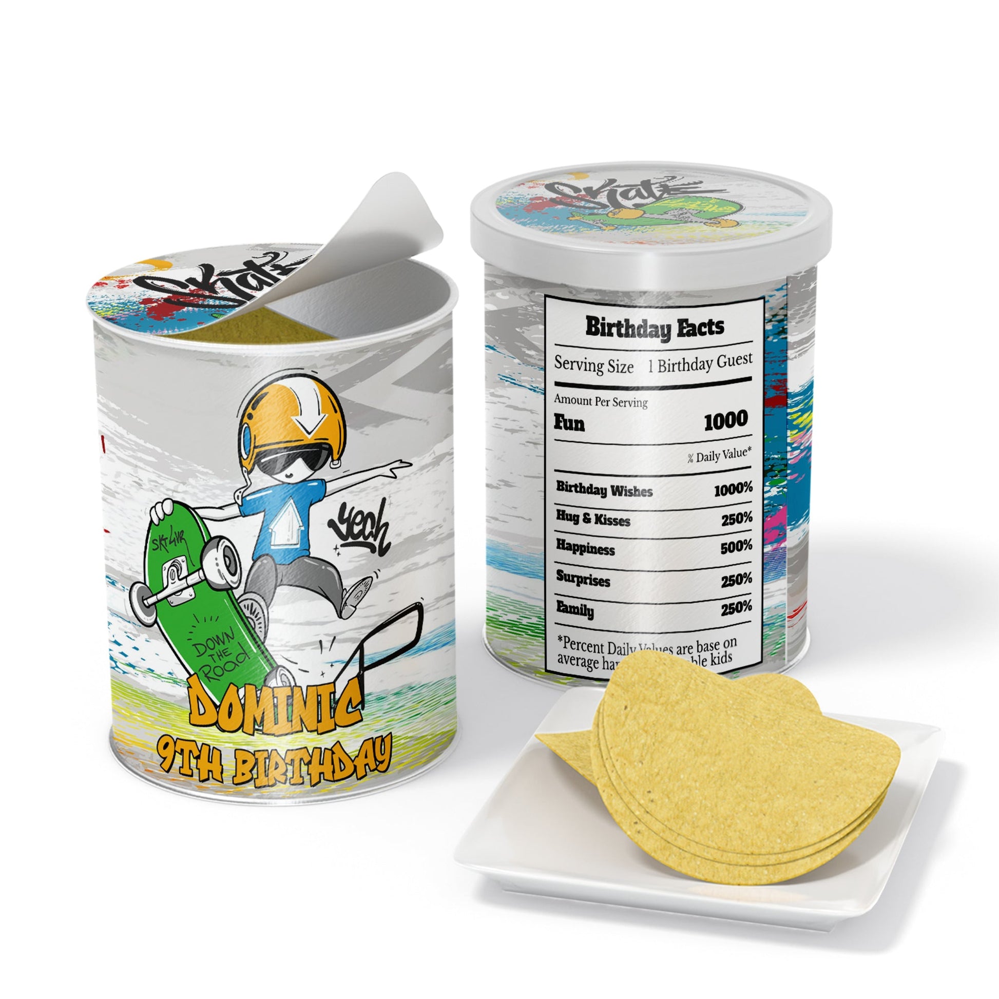 Small Pringles label with skateboard design