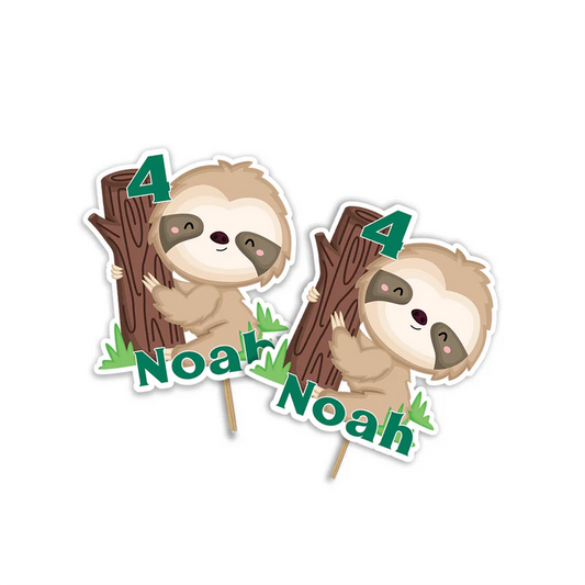 Sloth personalized cake toppers with cartoon sloth characters on white background