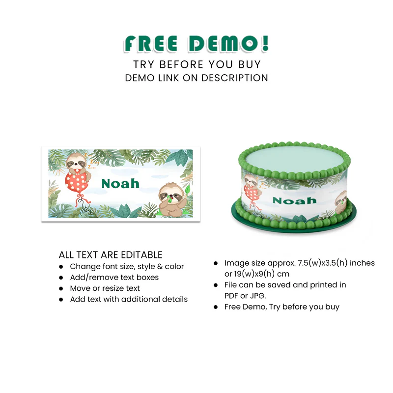 Sloth Cake Strips Image Custom Birthday Decoration