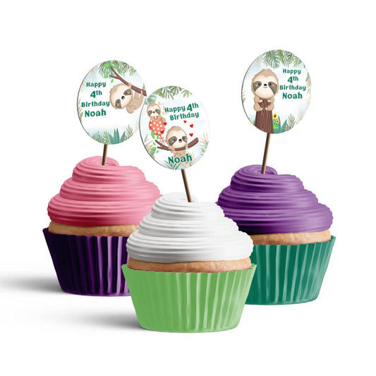 Sloth personalized cupcake toppers with cute sloth design on white background