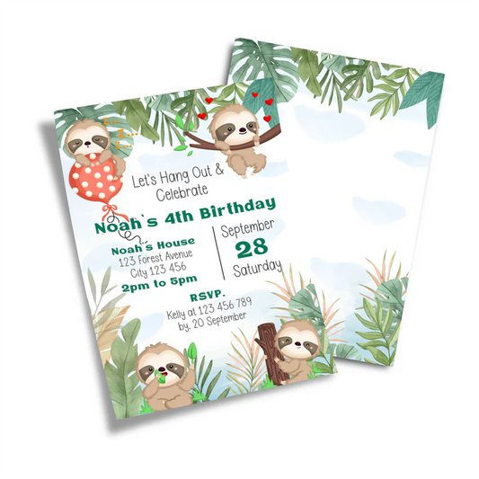 Sloth personalized birthday card invitations with cartoon sloth theme on white background