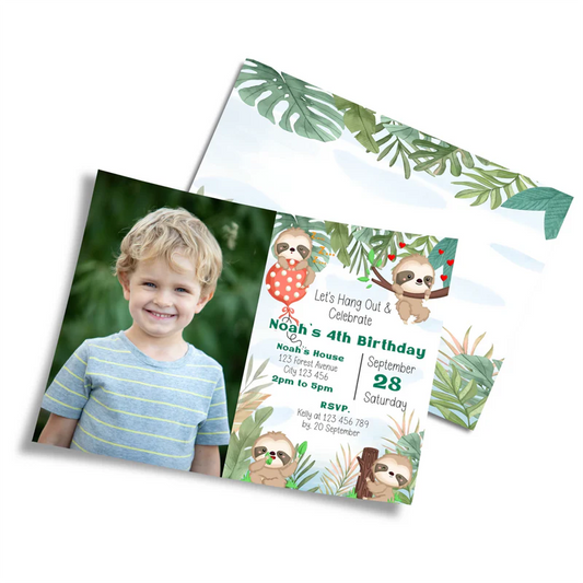 Sloth personalized photo card invitations with playful sloth design flat lay on white background