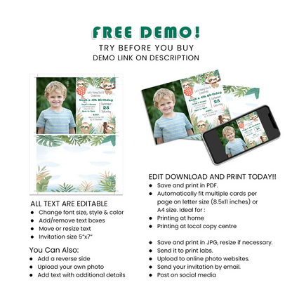 Sloth Photo Card Invitations Custom Birthday Template