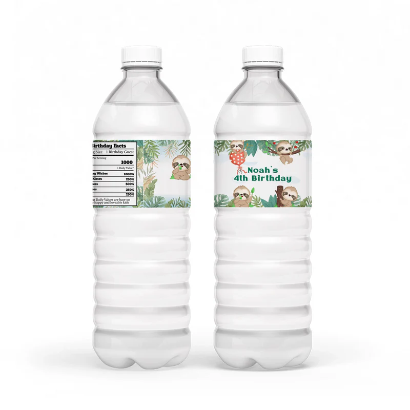 Sloth personalized water bottle label with sloth design on white background