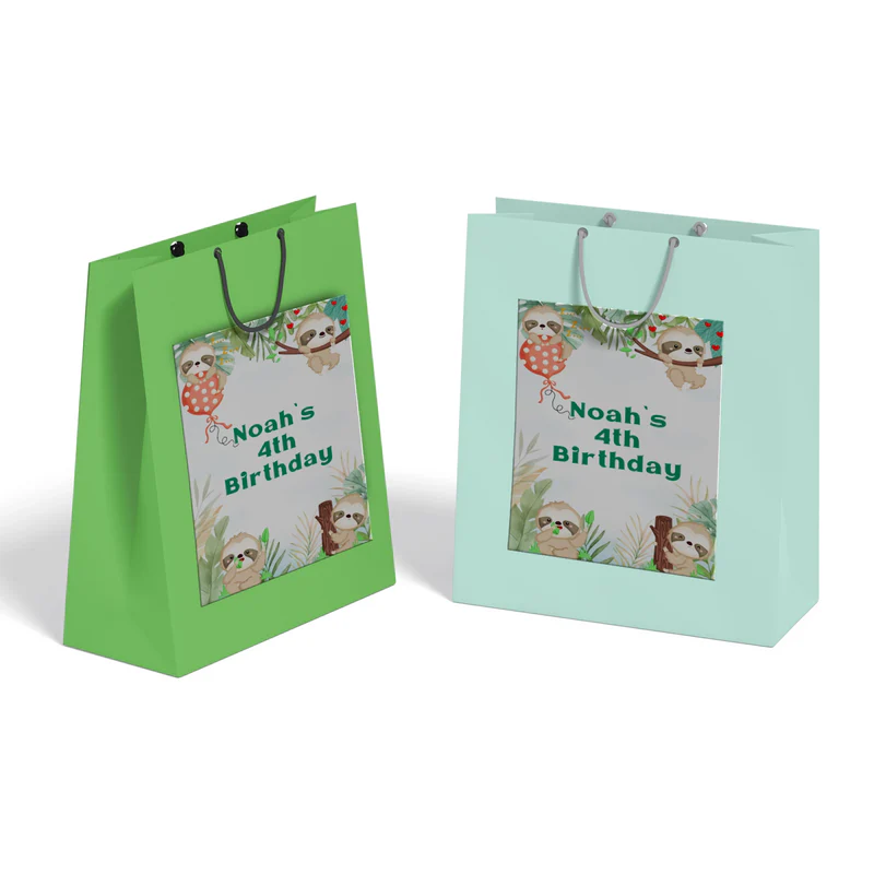Sloth goodie bag label with cartoon sloth theme flat lay on white background