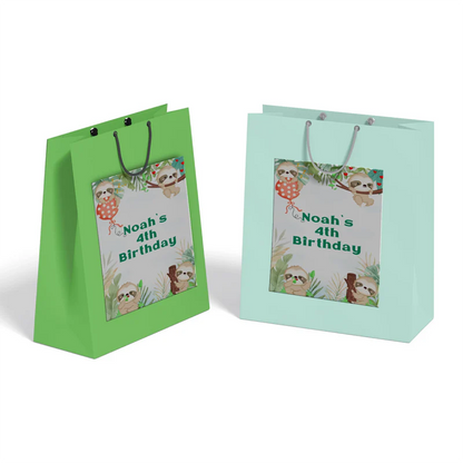 Sloth goodie bag label with cartoon sloth theme flat lay on white background