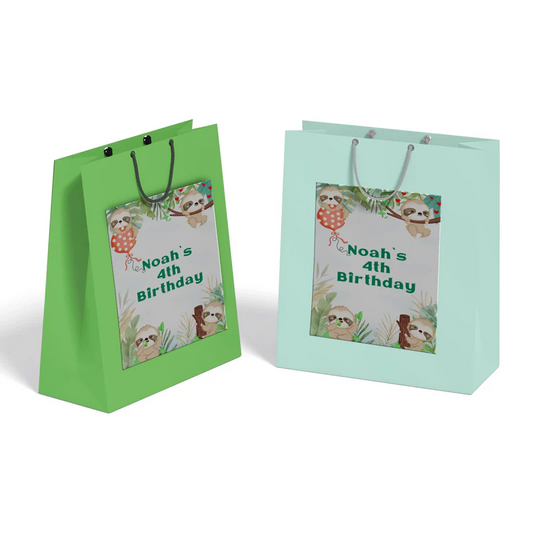 Sloth goodie bag label with cartoon sloth theme flat lay on white background