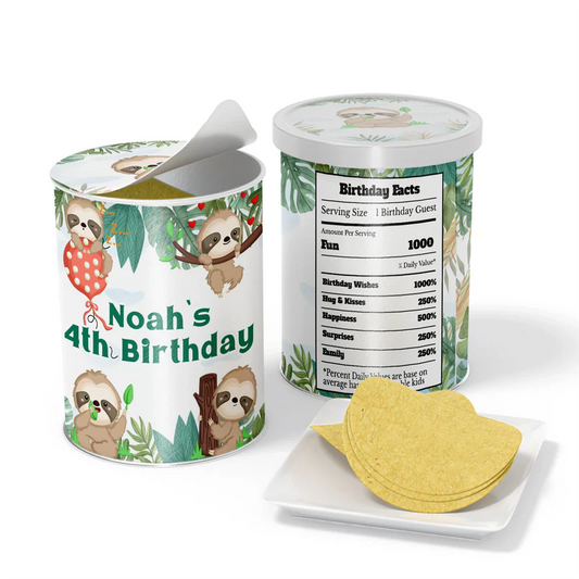 Sloth small Pringles label with fun sloth design on white background