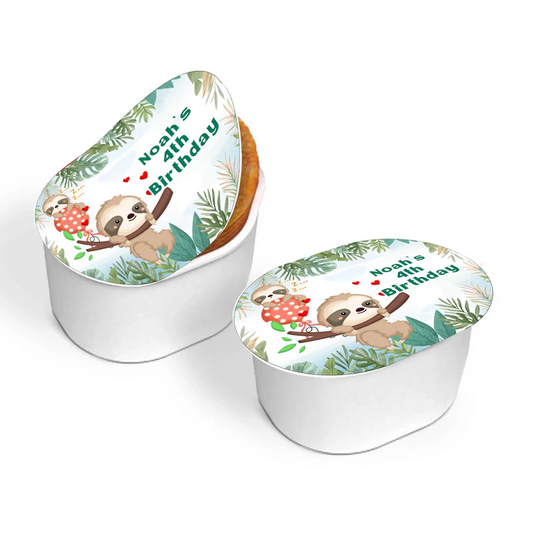 Sloth mini Pringles label with cute cartoon sloth theme flat lay on white background