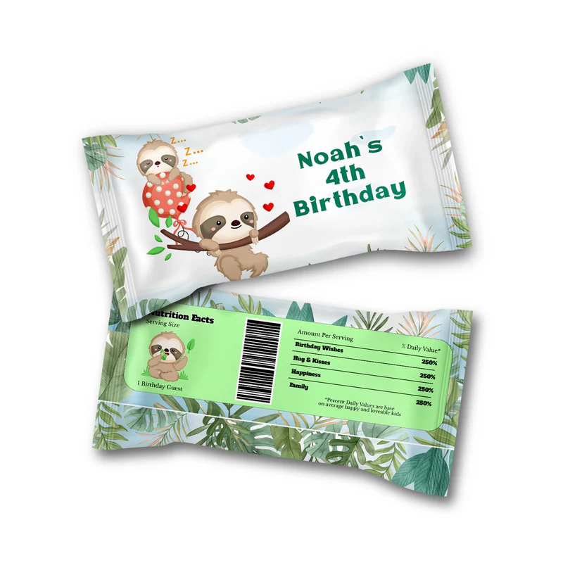 Sloth Skittles label with fun sloth design on white background