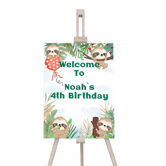 Sloth welcome sign with cartoon sloth theme on white background