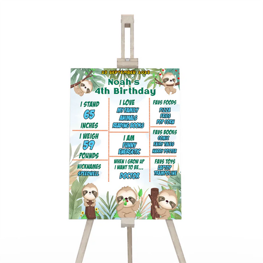 Sloth milestone poster with playful sloth design flat lay on white background