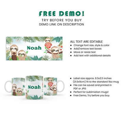 Sloth Sublimation Mug Personalized Gift Party Favor