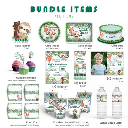 Sloth personalized digital party pack with themed designs flat lay on white background