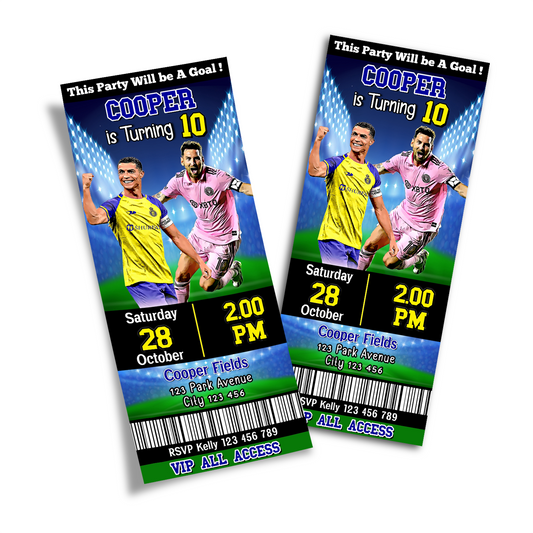 Personalized birthday ticket invitations featuring Messi & Ronaldo
