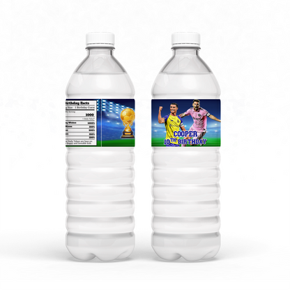 Water bottle label featuring Messi & Ronaldo