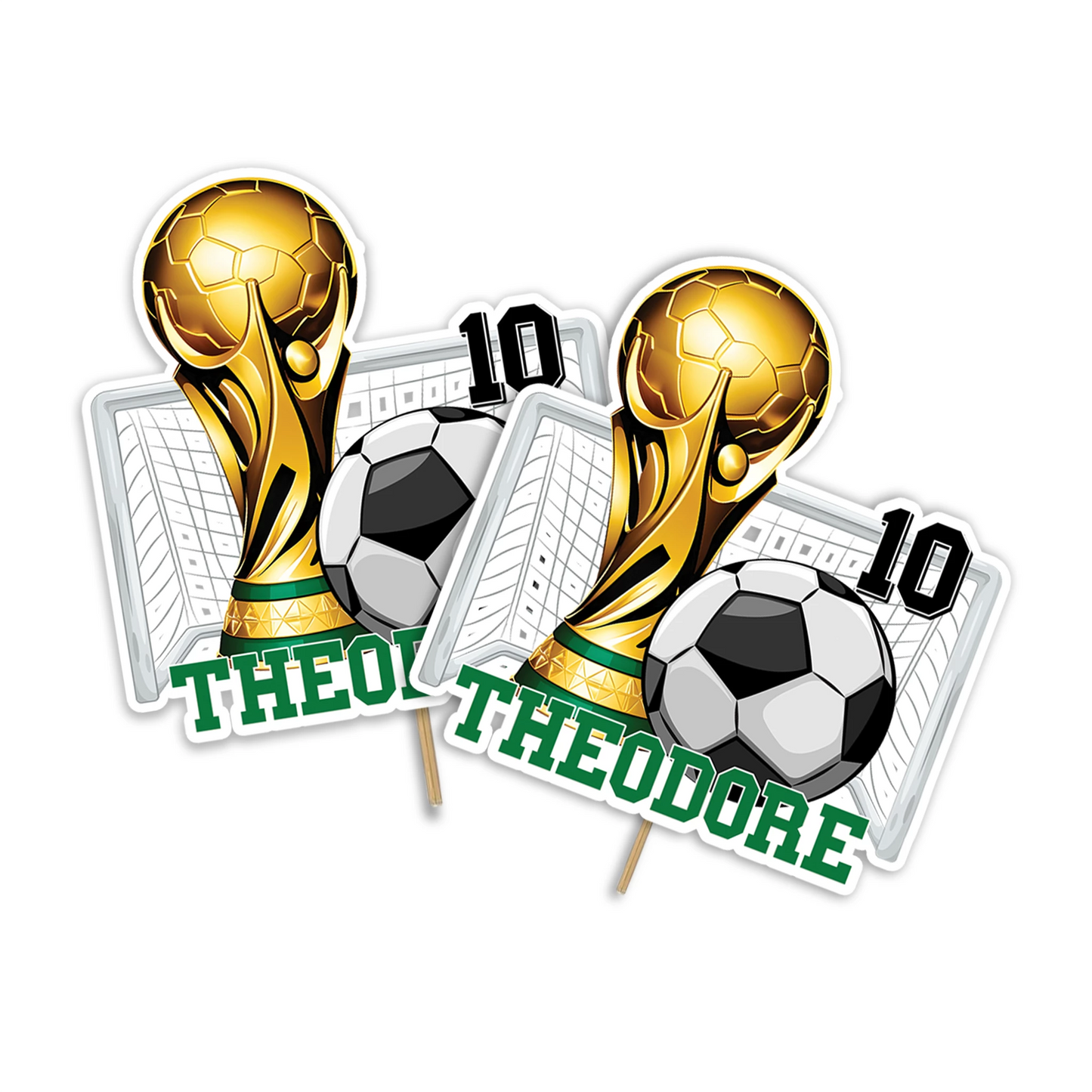 Soccer personalized cake toppers featuring soccer balls and player silhouettes, glossy finish, arranged on white background