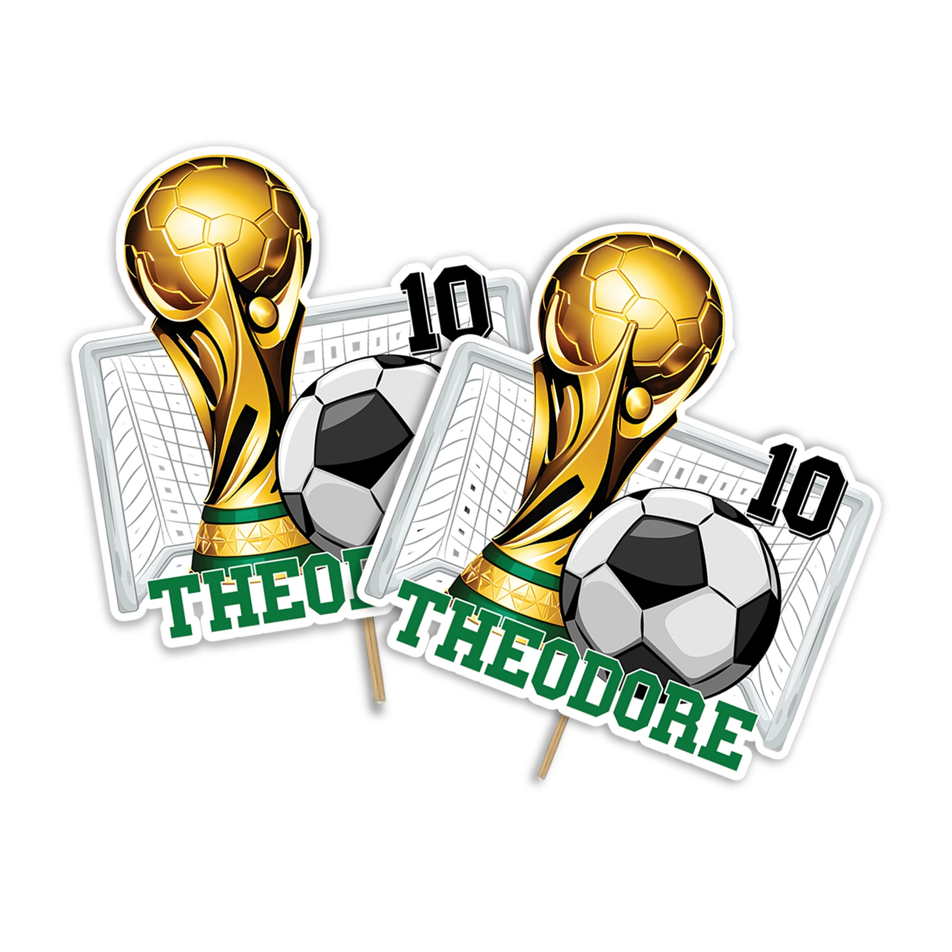 Soccer personalized cake toppers featuring soccer balls and player silhouettes, glossy finish, arranged on white background