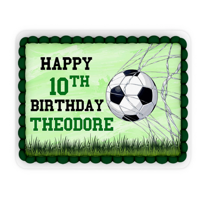 Soccer personalized edible sheet cake images with bold green field graphics and custom name, centered on white background