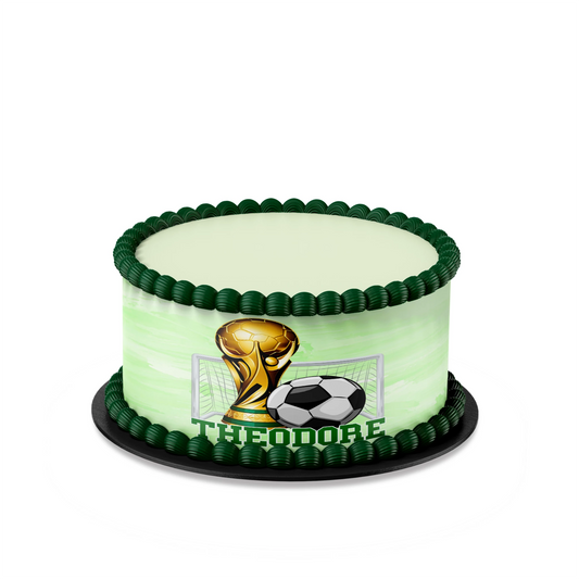 Soccer personalized cake strips with green field pattern and ball graphics, customizable text, flat lay on white background