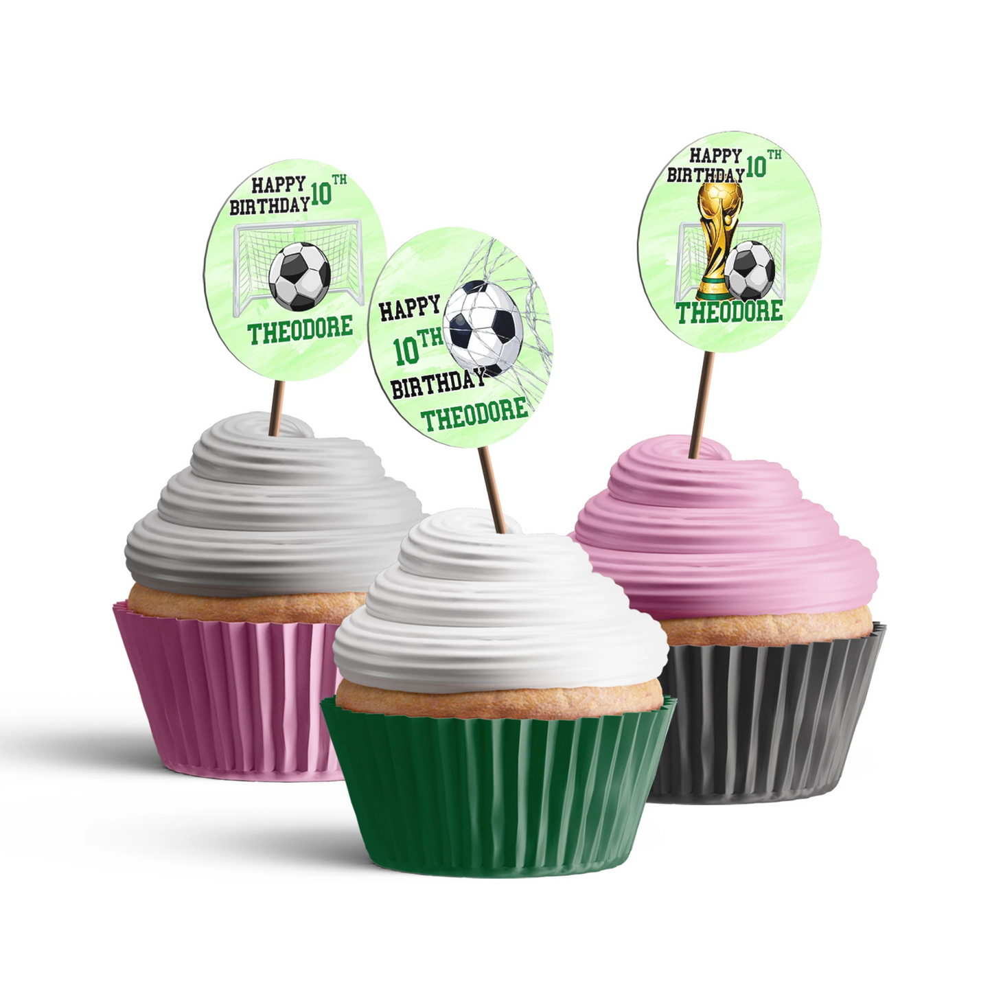 Soccer personalized cupcake toppers with soccer ball icons and green accents, printed circles displayed on white background